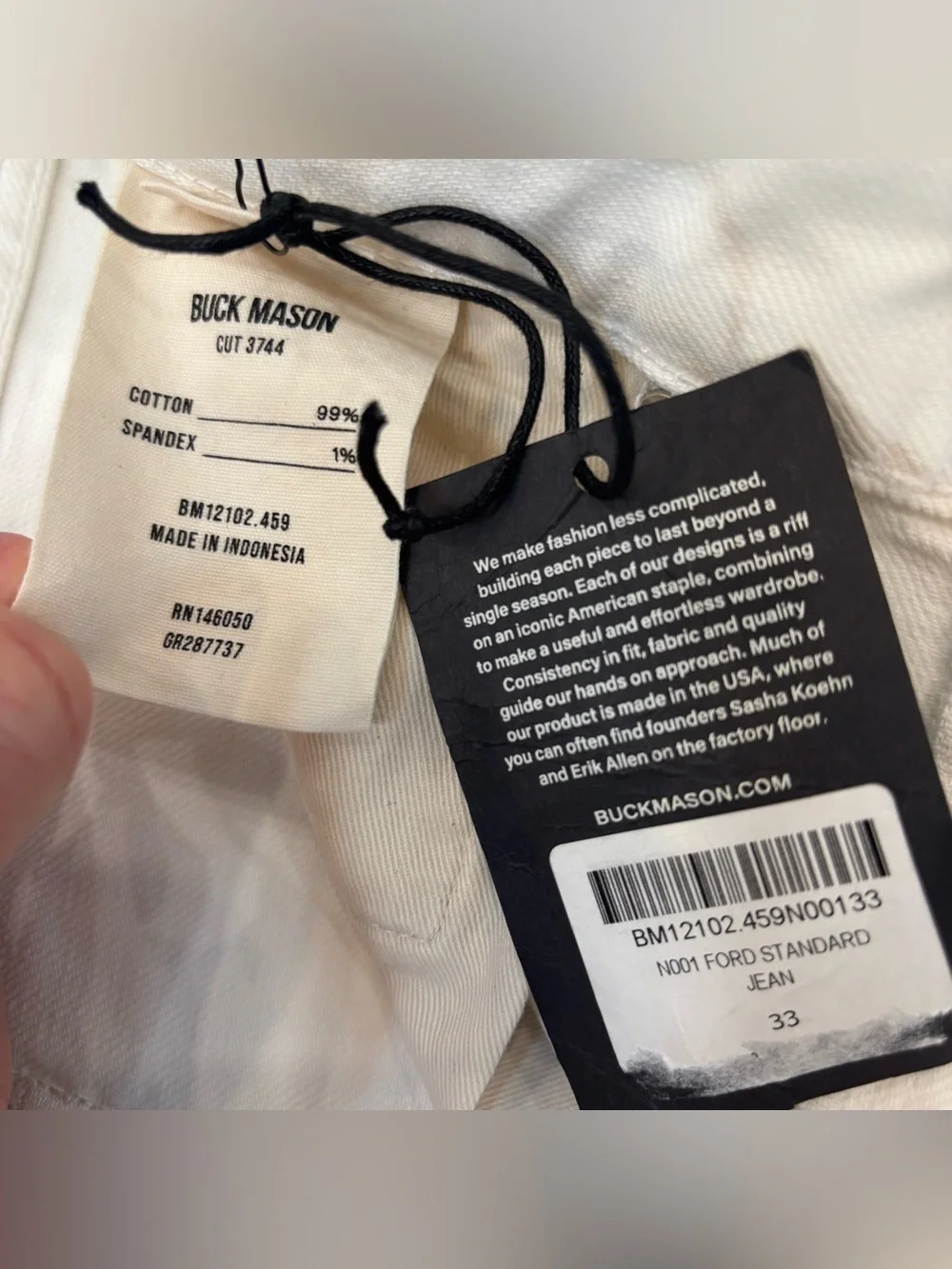 Buck Mason Men’s Ford Standard Fit Denim Jean Size 33x34 White New